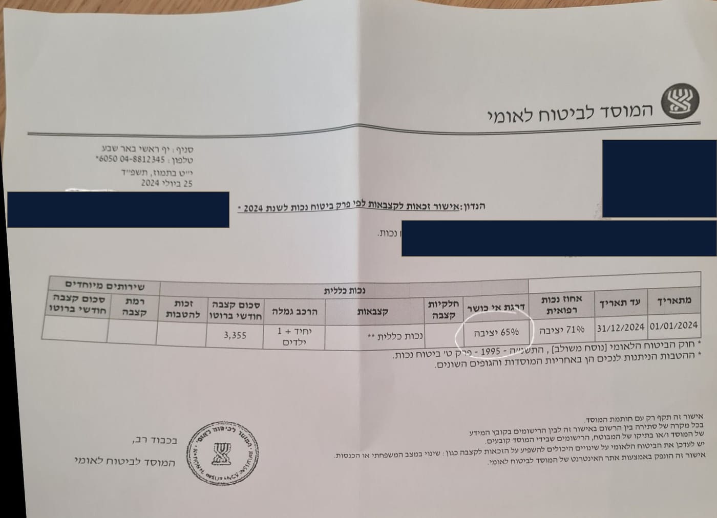 אישור זכאות לקצבאות לפי פרק ביטוח נכות — המוסד לביטוח לאומי, סניף באר שבע — יולי 2024