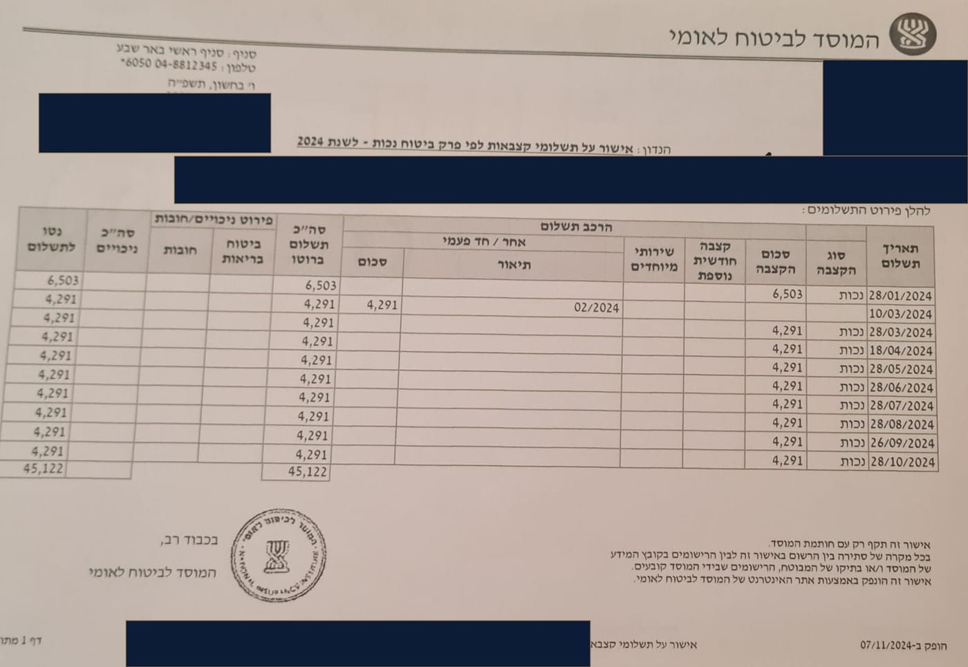 אישור על תשלומי קצבאות לפי פרק ביטוח נכות — המוסד לביטוח לאומי, סניף באר שבע — נובמבר 2024