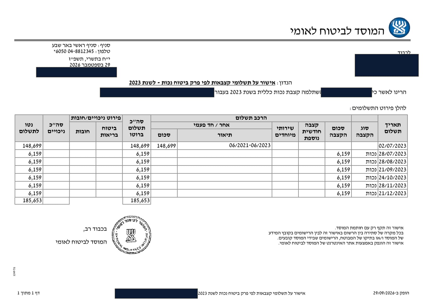 אישור על תשלומי קצבאות לפי פרק ביטוח נכות — המוסד לביטוח לאומי, סניף באר שבע — ריכוז שנת 2023
