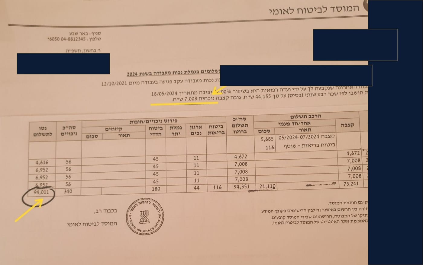 אישור על תשלומים בגמלת נכות מעבודה — המוסד לביטוח לאומי, סניף באר שבע — נובמבר 2024